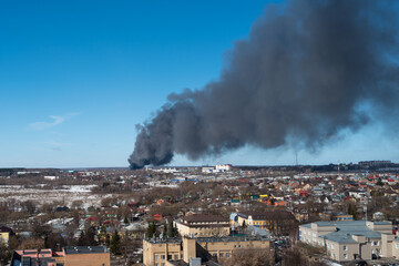 Moscow region/Russia - January 2020: a Fire outside the city. Lots of smoke.