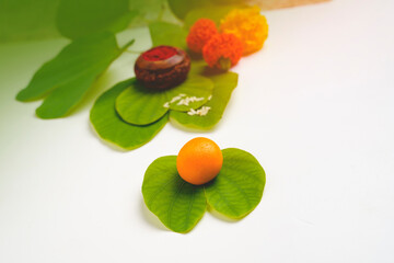 Happy Dussehra greeting card , green apta leaf and rice, Indian festival dussehra