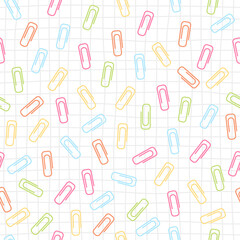 School seamless pattern with various colorful clip on checkered background.  Vector illustration on white background. Print for fabric, web page background, scrapbooking and wrapping paper.