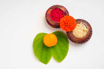 Happy Dussehra greeting card , green apta leaf and rice, Indian festival dussehra