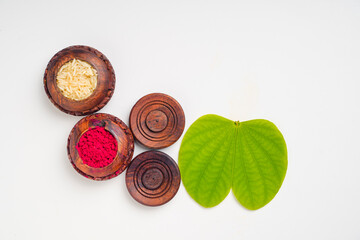 Happy Dussehra greeting card , green apta leaf and rice, Indian festival dussehra