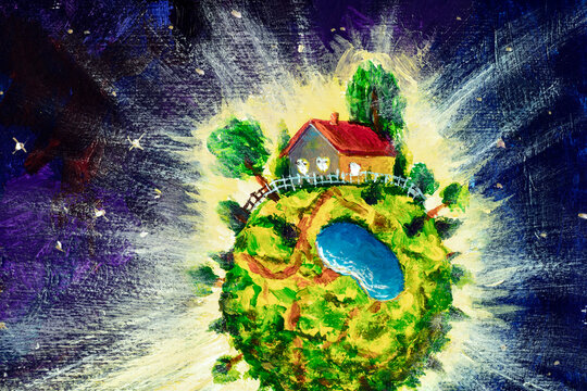 Painting illustration for fairy tale and book - small cozy green planet with village house. fantastic oil painting, Planet of the little prince fantasy concept art