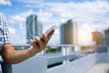 Women using mobile payments online shopping and icon customer network connection.