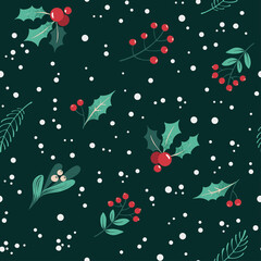Seamless Christmas pattern with snowflakes and winter plants, leaves, berries on a dark green background. Decorative wallpaper, Vector. Happy New Year. Winter time