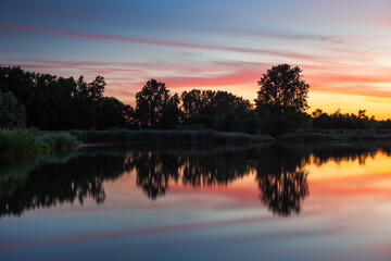 Fototapeta na wymiar Trees at sunrise at the lake