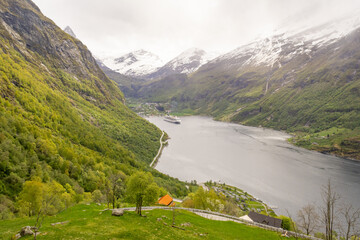 Fototapeta na wymiar View on Geiranger Fjord in Norway. Landscape, nature, travel and tourism.