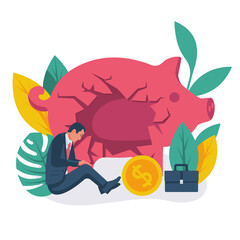 The poor man sits near a broken piggy bank. No money. landing page bankruptcy. Vector illustration flat design. Isolated on white background. Sad businessman. Financial crisis template web banner.