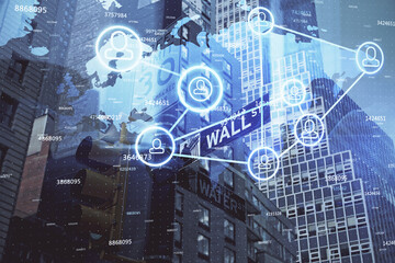 Double exposure of social network theme drawing and cityscape background. Concept of people connecton.
