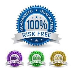 Powerful Risk-Free Guaranteed 4 Colored Badge, seal, sign, label isolated on white background.