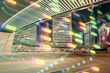 Fototapeta premium Data theme hologram drawing on city view with skyscrapers background double exposure. Ai concept.