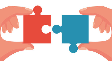 Teamwork concept. Symbol of association and connection. Puzzle hold in hands businessman. Vector illustration flat style design. Cooperation, partnership. Working together. Business strategy metaphor.