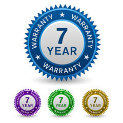 Colorful, Powerful 7 Year Warranty sign, badge, Seal isolated on white background.