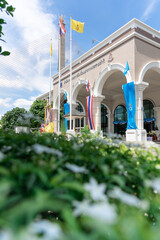 BANGKOK, THAILAND - JULY 31, 2020 - Front view of Chaipattana foundation with foreground garden
