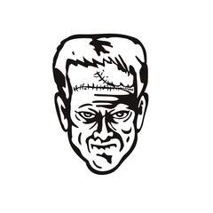Head of Doctor Victor Frankenstein's Monster Front View Stencil Black and White Retro Style
