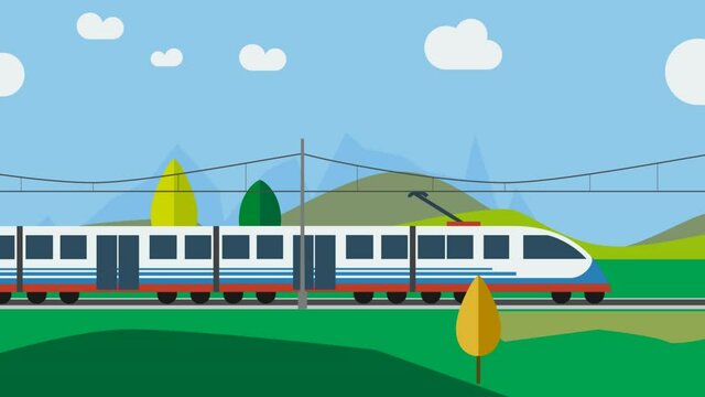 Train animation against the background of countryside. 2D animation. Moving hills and trees background. Cartoon high speed train. Loop footage 4k