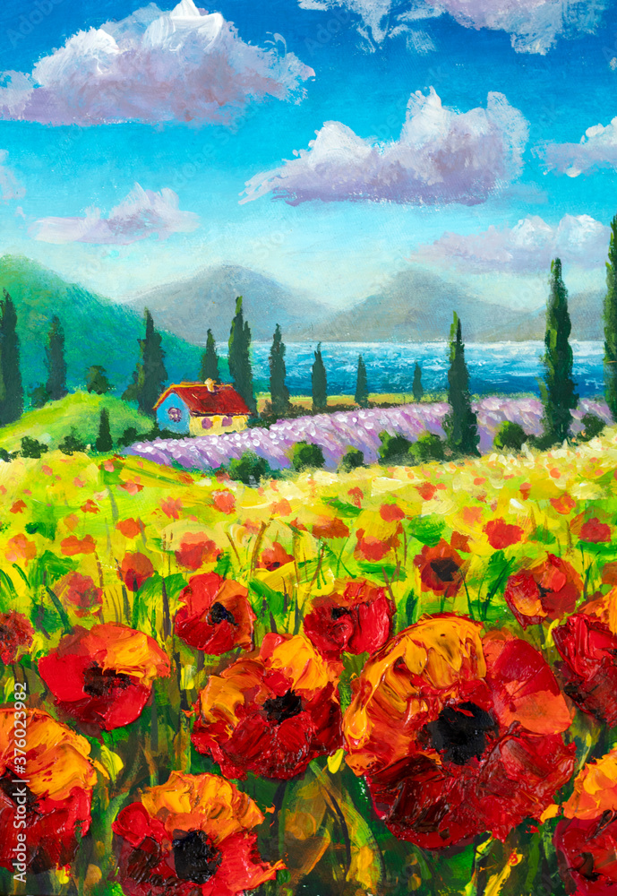 Wall mural vertical flowers painting, red poppies, oil paintings landscape impressionism artwork tuscany landsc