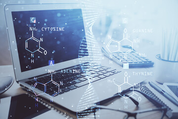Desktop computer background and DNA drawing. Double exposure. Science concept.
