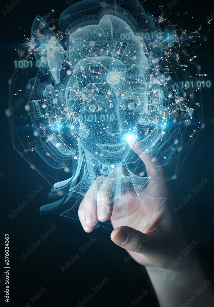 Poster man hand using digital artificial intelligence holographic projection 3d rendering