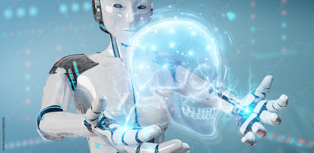 Poster Robot using digital x-ray skull holographic scan projection 3D rendering
