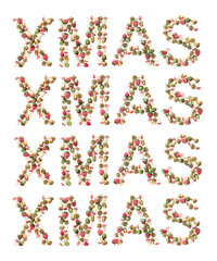 Holiday banner concept. Word XMAS on white background. Symbol letters collected from the Christmas decor - acorns, cones, berries and mushrooms. Flat lay, creative layout