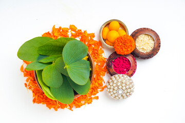 Happy Dussehra greeting card , green apta leaf and rice, Indian festival dussehra