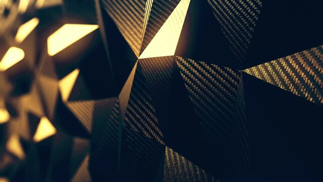 Carbon gold triangular polygonal background seamless motion loop. 3D animation