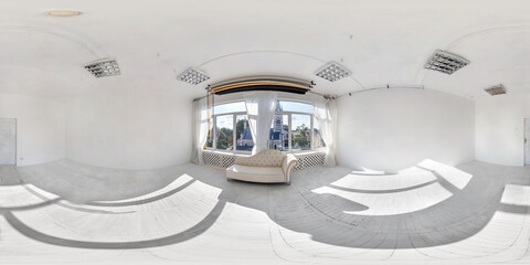  Full spherical seamless hdri panorama 360 degrees in interior of empty daylight photo studio with panoramic windows without furniture in equirectangular projection, VR