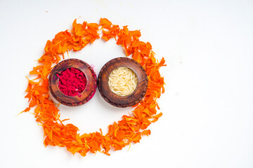 Kumkum and rice Natural color powders are used while worshipping God and an at auspicious occasions.
