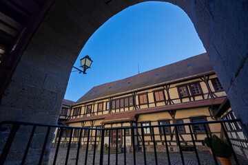 Monastery courtyard in the morning with a blue sky