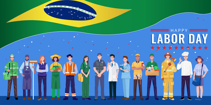 Happy Labor Day. Various occupations people standing with Brazil flag. Vector