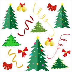 Christmas tree, jingle bells, bows, serpentine for Christmas and New Year design. Vector set of cute graphic elements. Icons, illustrations and clipart