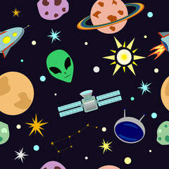 vector space seamless pattern in cartoon style with aliens, rocket, stars, planets, space station, sun and star constellation