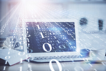 Multi exposure of desktop computer and technology theme hologram. Concept of software development.