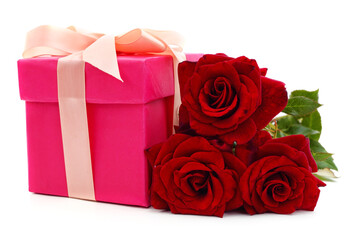 Red roses with gift box.