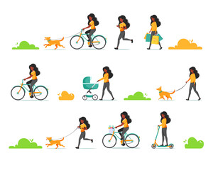 Fototapeta na wymiar Black woman doing various outdoor activities: walk with dog, child, riding bicycle, scooter, jogging 
