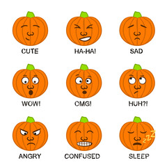 Pumpkin emoji. Funny hand-drawn Halloween faces. Vegetable vector illustration for the holiday of all saints day.