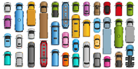 Different cars and vehicles. (top view)  City vehicle transport icons set. Automobile car for transportation. Auto car vector illustration. - 376027716