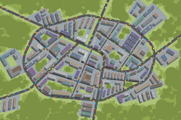 City top view. 
Streets, houses, buildings, roads, crossroads, park, trees, cars. (view from above)