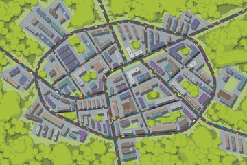 City top view. 
Streets, houses, buildings, roads, crossroads, park, trees, cars. (view from above)