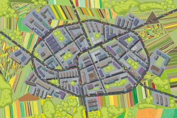 Obraz premium City top view. Streets, houses, buildings, roads, crossroads, park, trees, cars. (view from above)