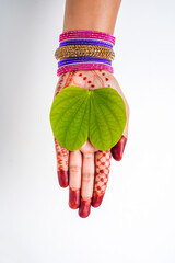 Indian festival Dussehra, green apta leaf in hand
