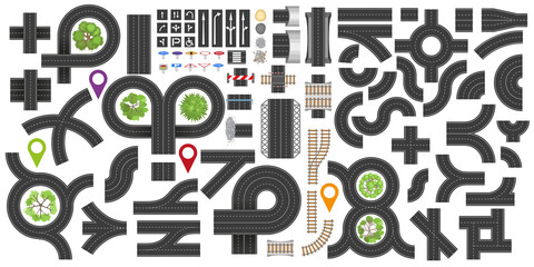 Road plan, city map. Top view. Race game. Creation kit. Highway. (view from above)