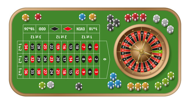 Roulette Casino Table. Top View. Vector Realistic Casino Roulette Table, Wheel And Chips. (view From Above) 