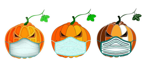 beautiful Halloween background on pumpkins wearing a medical mask