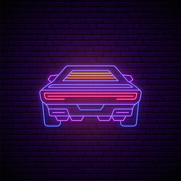 Neon Futuristic Car. Glowing Neon Car Icon Back View. Bright Light Signboard. Vector Illustration In 80s Retro Style.