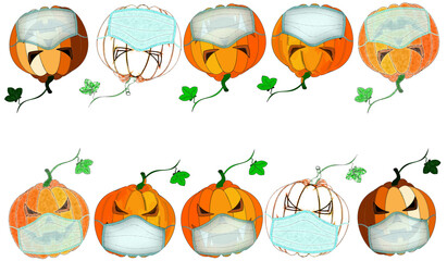 beautiful Halloween background on pumpkins wearing a medical mask