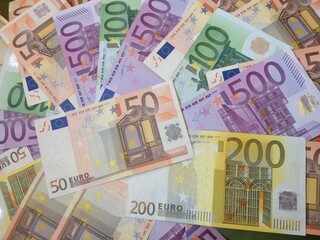currency, money, euro, wealth, European currency, Europe cash, European bank, fifty euros, one hundred euros, two hundred euros,  five hundred euros, two hundred euros, one hundred euros, fifty euros,