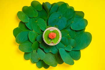 Happy Dussehra greeting card , green apta leaf and rice, Indian festival dussehra