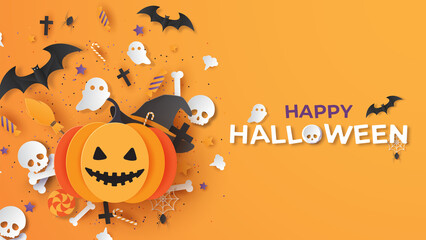 Happy Halloween banner or party invitation background. Graphic design for Halloween festival. Greeting card for celebration on Halloween. Cute Halloween. paper cut and craft style. vector illustration