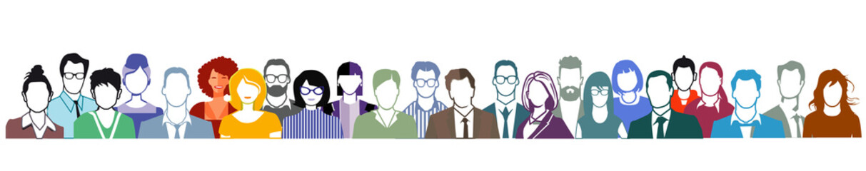 Gruppe von Personen Portrait, Gesichter auf weißem Hintergrund.